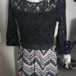 Speckless Black Lace and Geometric Pattern Dress